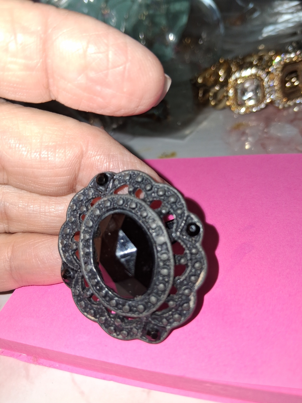 Source Unknown Black Oval Filigree Statement Ring